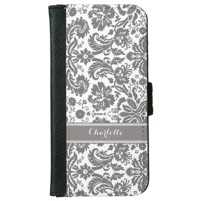 Dark Grey Damask Pattern Monogram iPhone Wallet Case (Front)