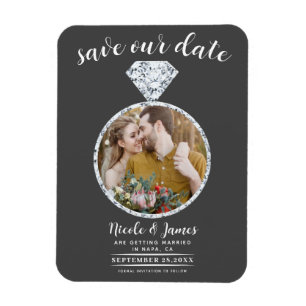 Dark Grey Diamond Ring Bling Photo Save the Date Magnet