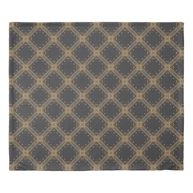 Dark Grey Diamonds with Gold Grid and Dots Pattern Duvet Cover (Front)