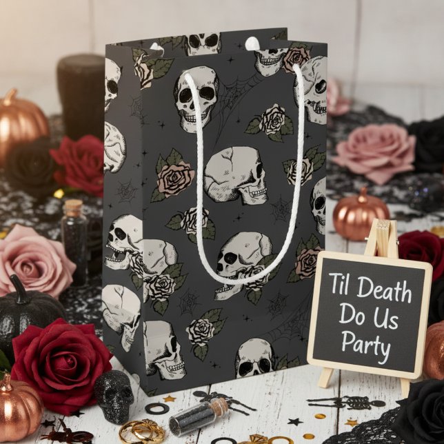 Dark Grey Elegant Dark Halloween Skull Small Gift Bag (Elegant Dark Gray Floral Skull Hallowedding Gift Bags for Her. Spooky Gothic Halloween Skull Pattern)