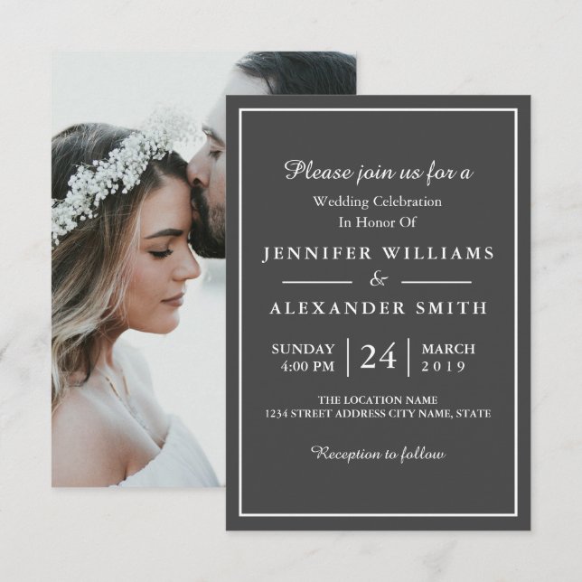 Dark Grey Elegant Photo Wedding Invitation (Front/Back)