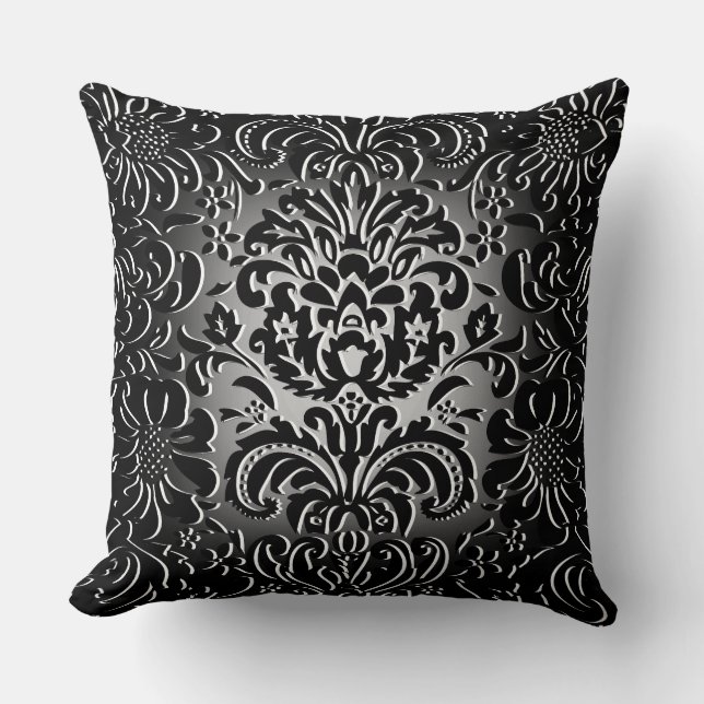 Dark Grey Fade "Mock Flock" Floral Pattern Throw Pillow (Front)
