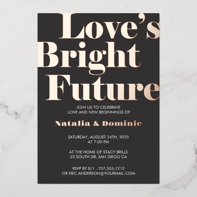 Dark Grey Foil “Love’s Bright Future” Engagement I Foil Invitation (Front)