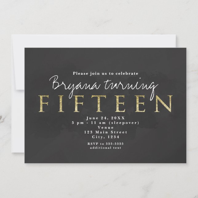 Dark Grey & Gold 15TH 15 Birthday Party Invitation (Front)
