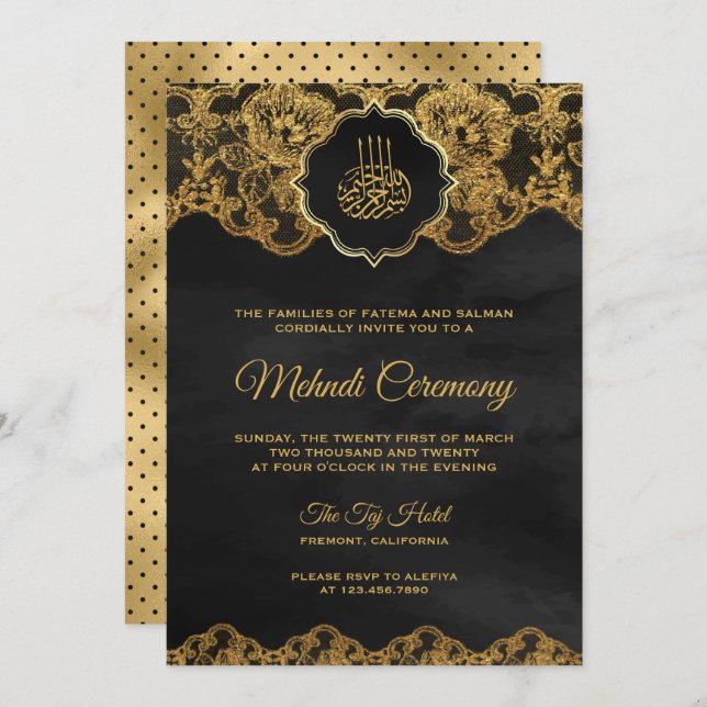Dark Grey Gold Foil Lace Islamic Mehndi Invitation (Front/Back)