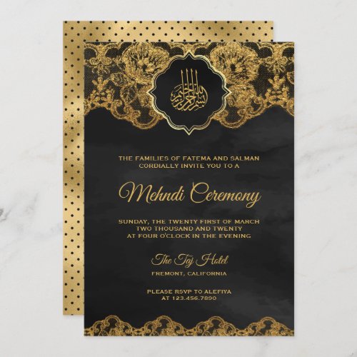 Dark Grey Gold Foil Lace Islamic Mehndi Invitation