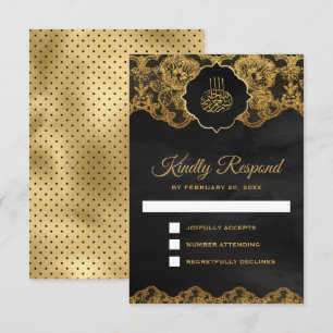 Dark Grey Gold Foil Lace Islamic Wedding RSVP Card