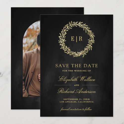 Dark Grey Gold Leaf Branch Wedding Photo Save The Date