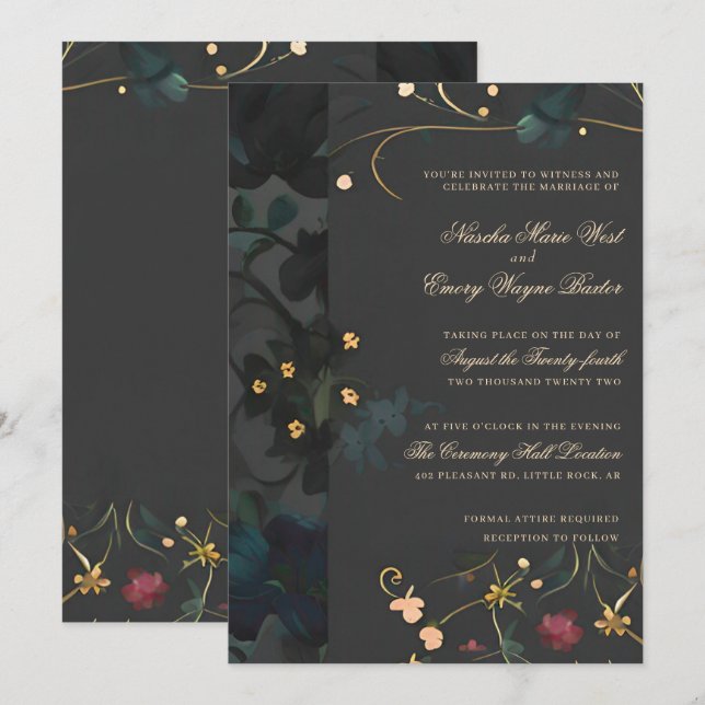 Dark Grey Gothic Boho Abstract Floral Wedding Invi Invitation (Front/Back)