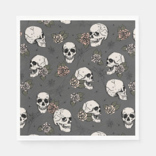 Dark Grey Green Gothic Skulls and Roses Halloween Napkins