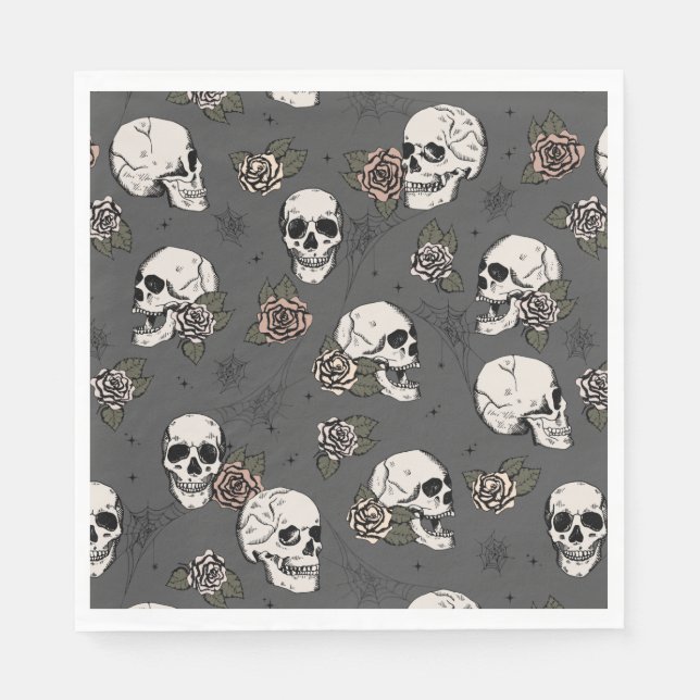 Dark Grey Green Gothic Skulls and Roses Halloween Napkins (Front)