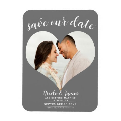Dark Grey Heart Photo Wedding Save the Date Magnet