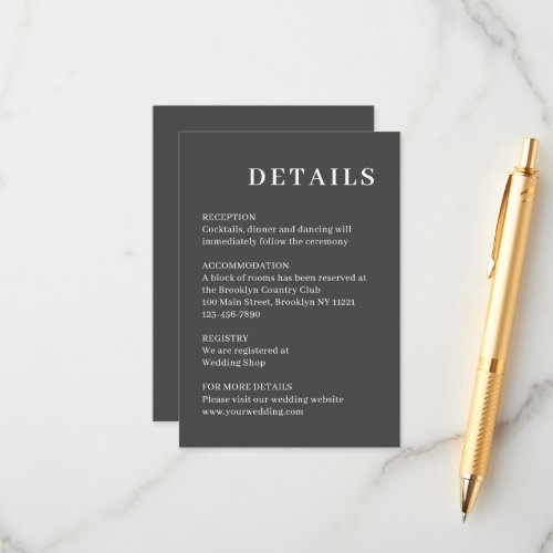 Dark Grey Minimalist Wedding Details  Enclosure Card