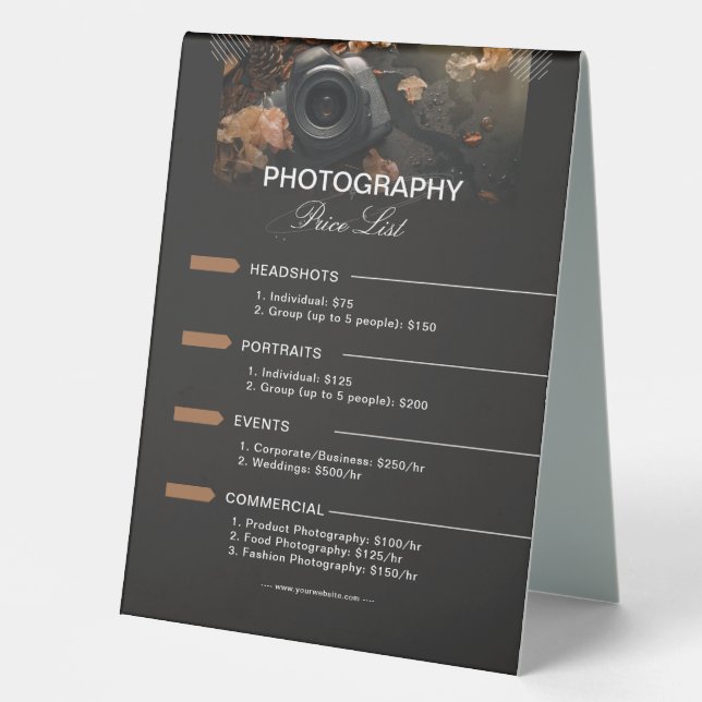 Dark Grey Modern Minimalist Photography Pricelist Table Tent (Front)