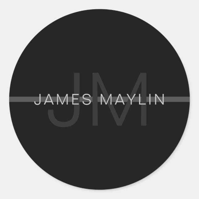 Dark Grey Monogram, Name & Geometric Stripe Classic Round Sticker (Front)