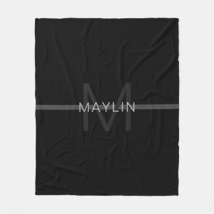 Dark Grey Monogram, Name & Geometric Stripe Fleece Blanket