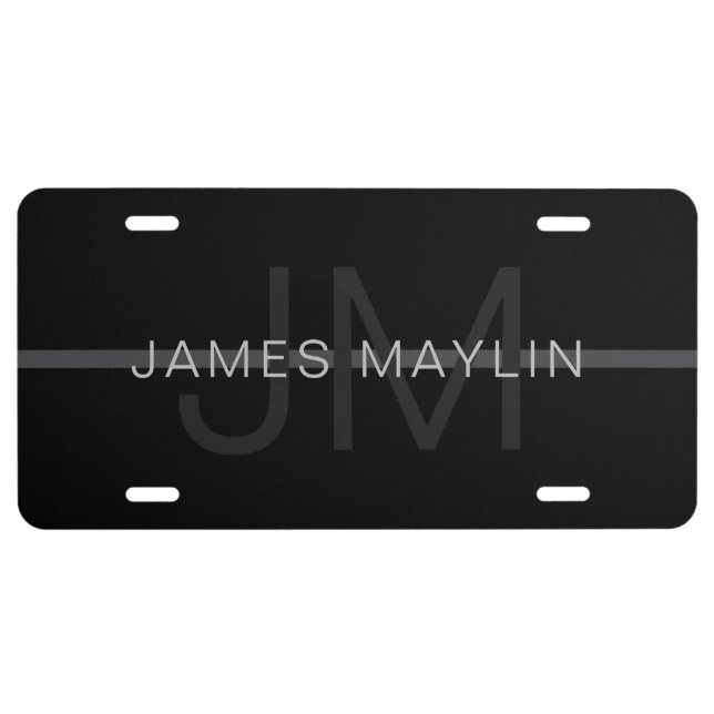 Dark Grey Monogram, Name & Geometric Stripe License Plate (Front)