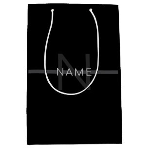 Dark Grey Monogram, Name & Geometric Stripe Medium Gift Bag