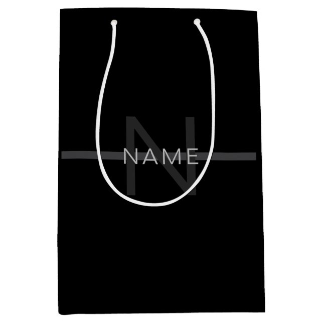 Dark Grey Monogram, Name & Geometric Stripe Medium Gift Bag (Front)