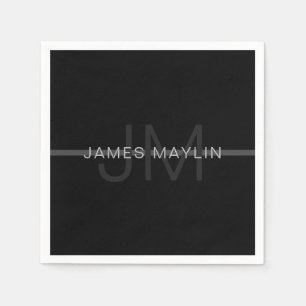 Dark Grey Monogram, Name & Geometric Stripe Napkins
