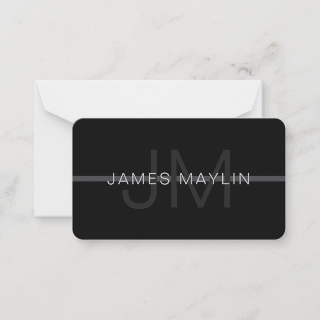 Dark Grey Monogram, Name & Geometric Stripe Note Card (Front)