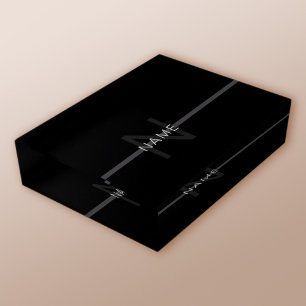 Dark Grey Monogram, Name & Geometric Stripe Paperweight