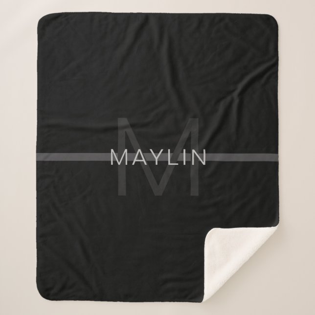 Dark Grey Monogram, Name & Geometric Stripe Sherpa Blanket (Front)