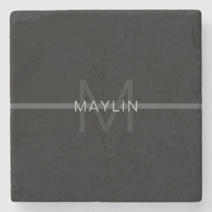 Dark Grey Monogram, Name & Geometric Stripe Stone Coaster