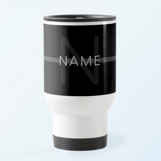 Dark Grey Monogram, Name & Geometric Stripe Travel Mug (Creator Uploaded)