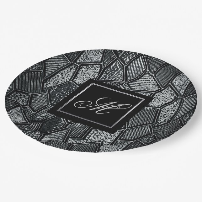 Dark Grey Mosaic Glass Monogrammed Paper Plates (Angled)