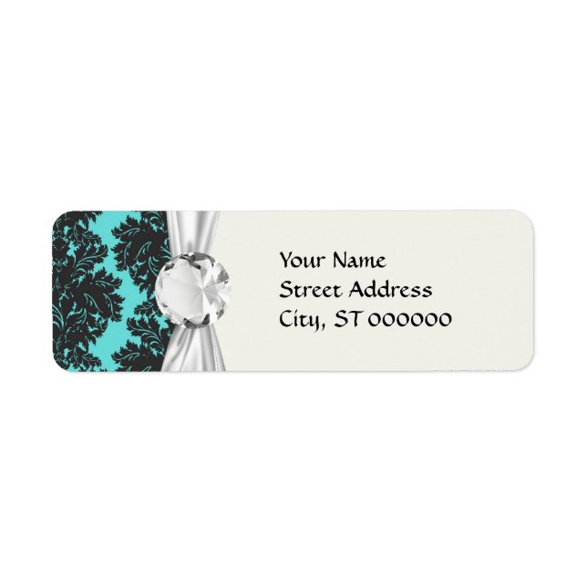 dark grey on aqua blue flourish damask pattern label (Front)