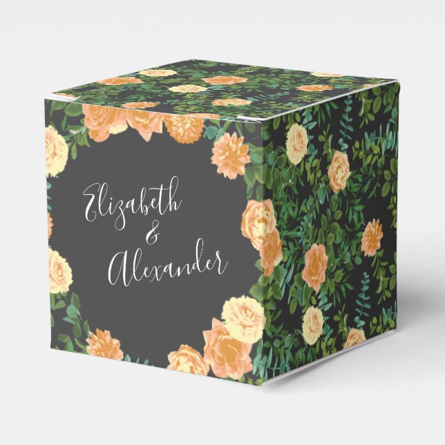 Dark Grey Peach Wedding Modern Floral Favor Boxes (Front Side)