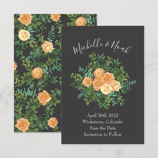 Dark Grey Peach Wedding Modern Floral Invitation (Front/Back)