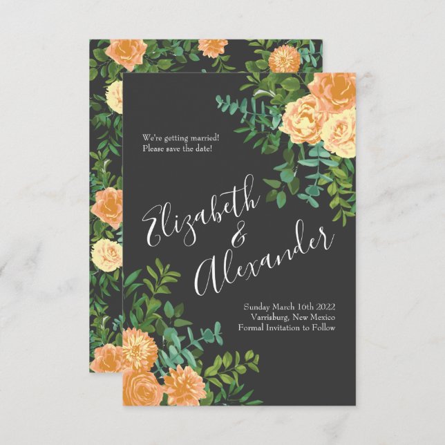 Dark Grey Peach Wedding Modern Floral Invitation (Front/Back)