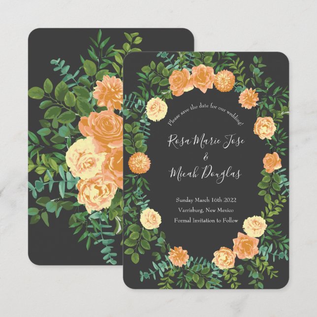 Dark Grey Peach Wedding Modern Floral Invitation (Front/Back)