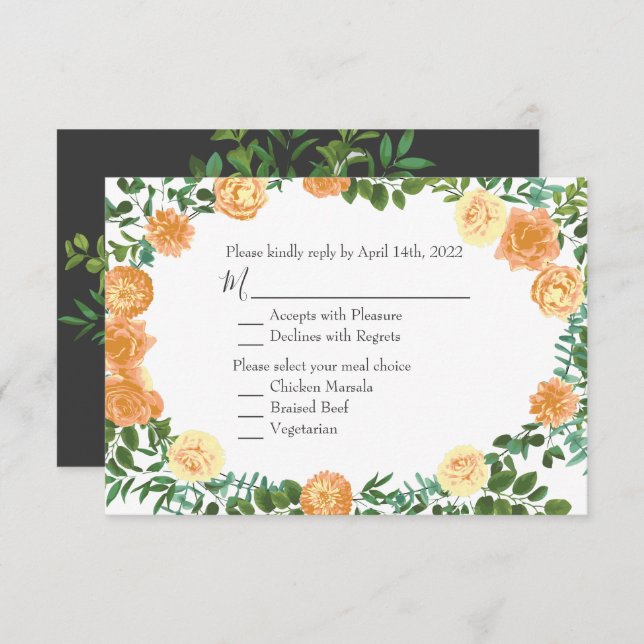 Dark Grey Peach Wedding Modern Floral Invitation (Front/Back)