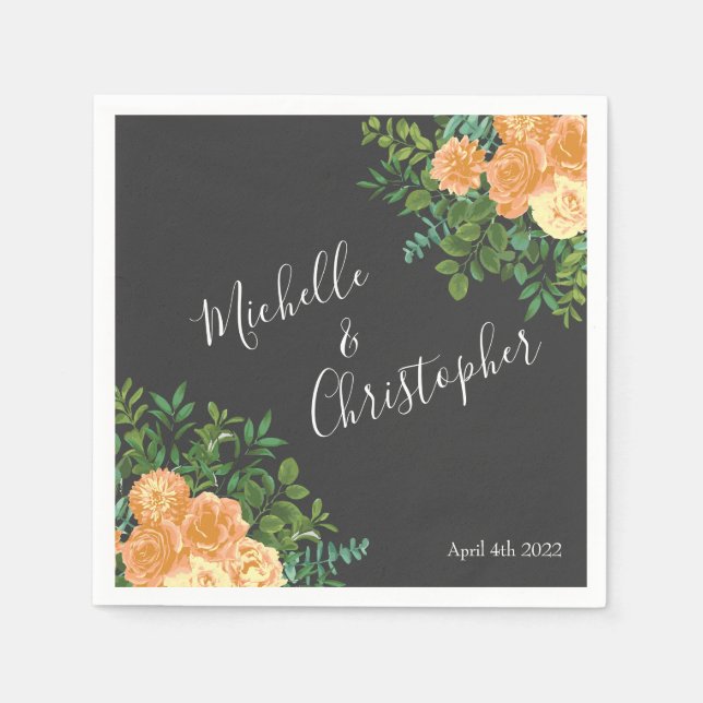 Dark Grey Peach Wedding Modern Floral Napkins (Front)