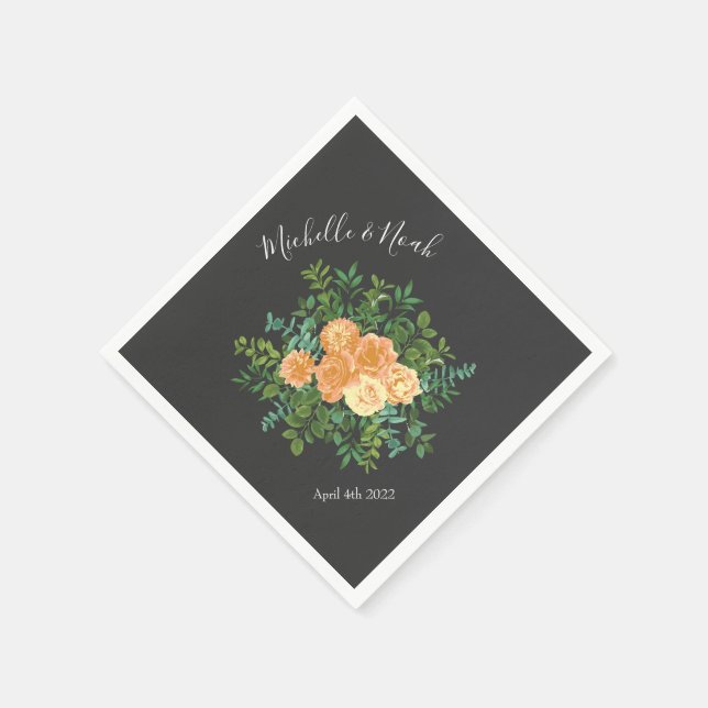 Dark Grey Peach Wedding Modern Floral Napkins (Corner)