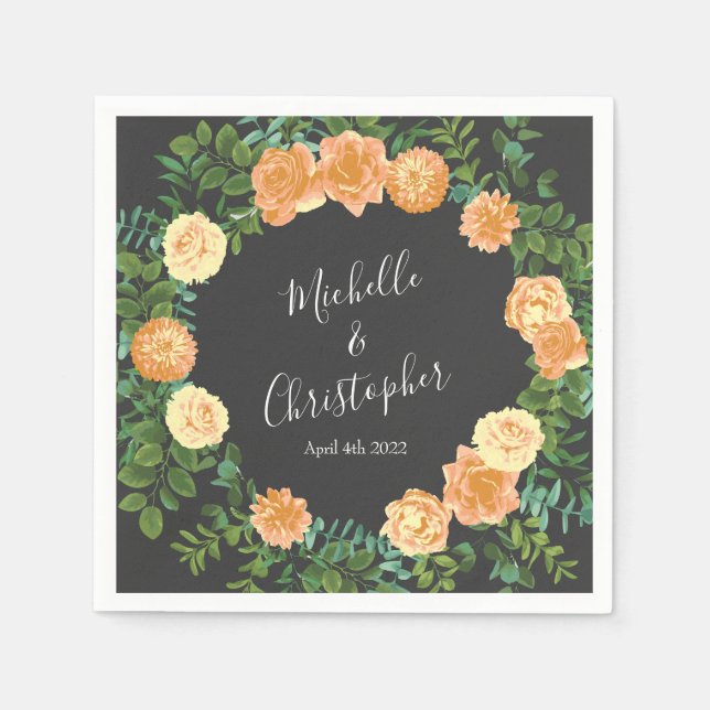 Dark Grey Peach Wedding Modern Floral Napkins (Front)