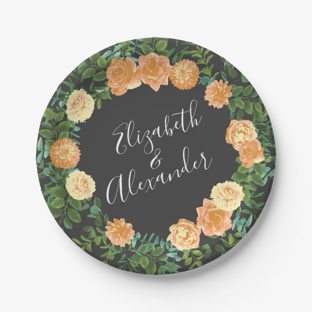 Dark Grey Peach Wedding Modern Floral Paper Plates (Front)