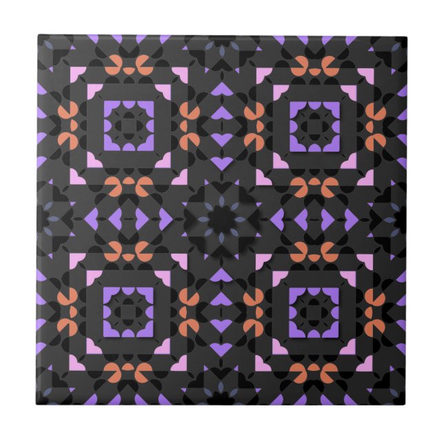 Dark Grey Pink Ethnic Folk Geometric Pattern Ceramic Tile (Front)
