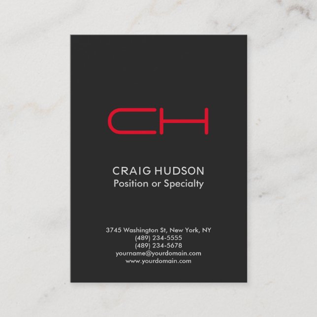 Dark Grey Red Monogram Professional Business Card (Front)