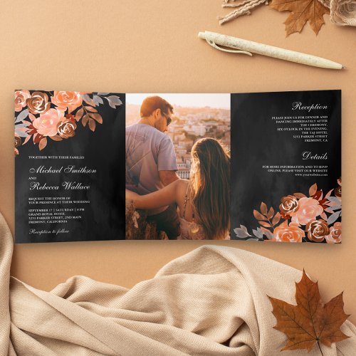 Dark Grey Rustic Earthy Terracotta Floral Wedding Tri_Fold Invitation