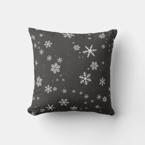 Dark Grey Snowflake Pattern Winter Holiday Throw Pillow