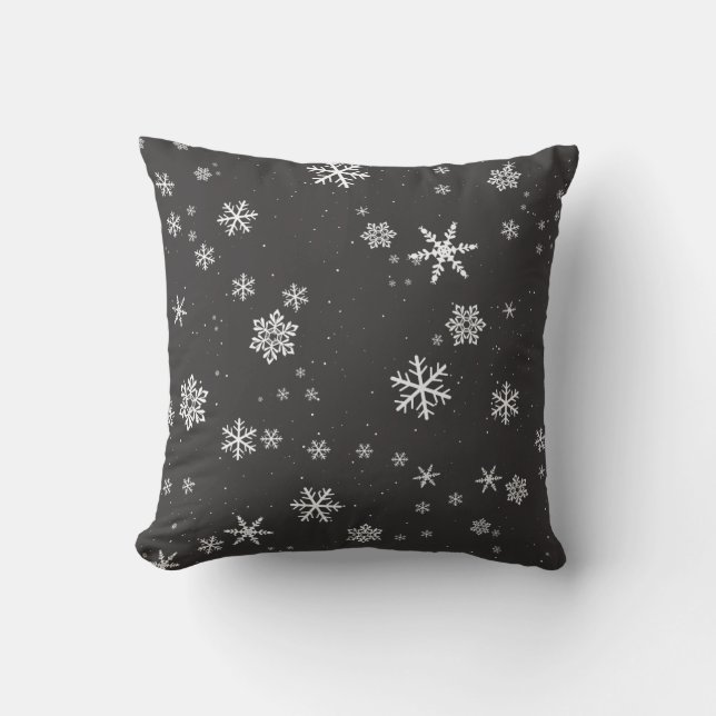 Dark Grey Snowflake Pattern Winter Holiday Throw Pillow (Front)
