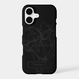 Dark Grey Tulips Line Drawing on Black with Name iPhone 17 Case