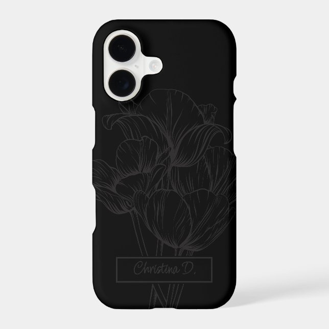Dark Grey Tulips Line Drawing on Black with Name iPhone Case (Back)