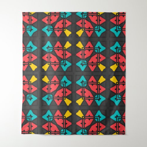 Dark Grey Turquoise Red Yellow Abstract Geometric Tapestry