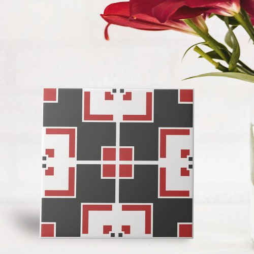 Dark Grey White and Red Modern Geometric Mosaic Ceramic Tile