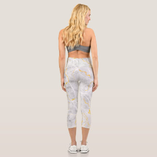 Dark grey white gold foil marble pattern capri leggings